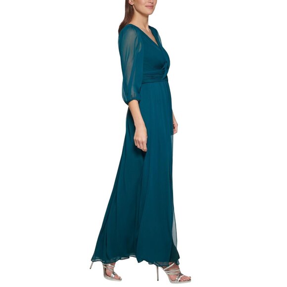 DKNY Chiffon Balloon-Sleeve Faux Wrap Side Slit Maxi Dress Forest Green 8 - Picture 9 of 12